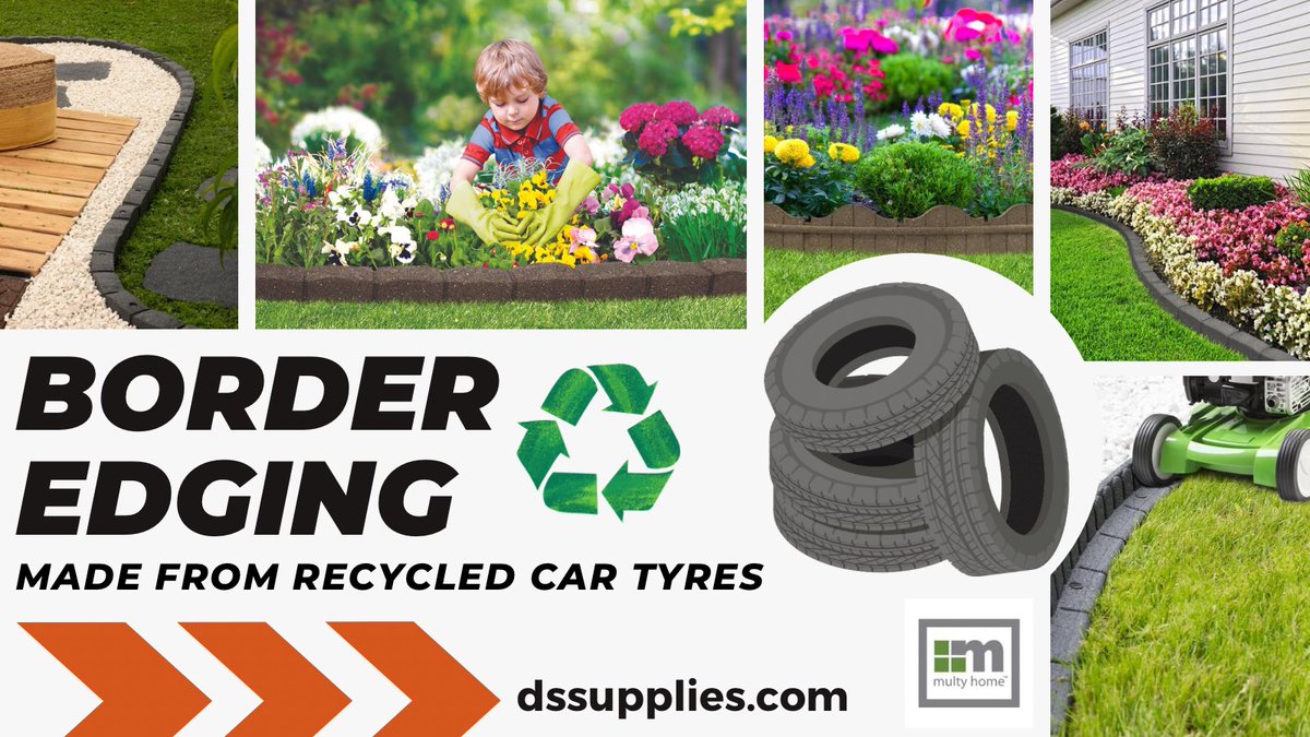 New…… Border edging c/w fixing spikes, made from 100% recycled car tyres. #dssupplies #multyhome #gardening #ecofriendlyproducts #recycledcartyres #diy #gardendesign #recycledrubber #homedecor #greenfx