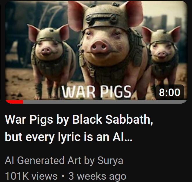 aiartbysurya's tweet photo. My War Pigs Lyrical crossed 100K views... Thanks everyone for watching. 

If you have not watched it yet, please check it out here: https://t.co/ZrE7bGO7oW 

Please consider subscribing. There is more on the way..
#warpigs #war #pigs #metal #rock #music #blacksabbath #midjourney https://t.co/uvDKwhc96P