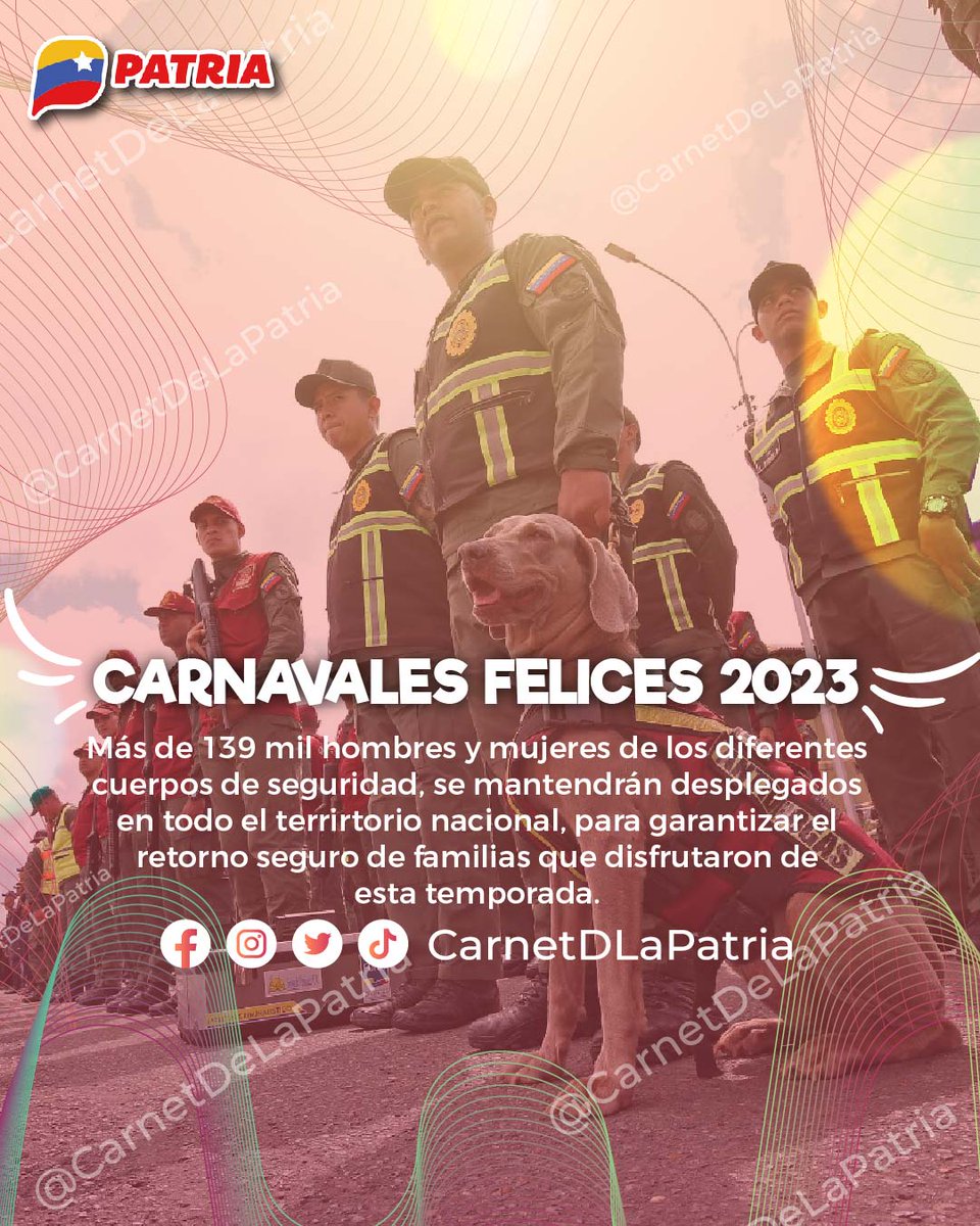 CarnetDLaPatria's tweet photo. #Entérate|| Más de 139 mil hombres y mujeres de los diferentes cuerpos de seguridad, se mantendrán desplegados en todo el territorio nacional, para garantizar el retorno seguro de familias que disfrutaron felizmente de los carnavales 2023.

#VzlaViveElCarnaval #21Feb https://t.co/OgcnjDvrl7