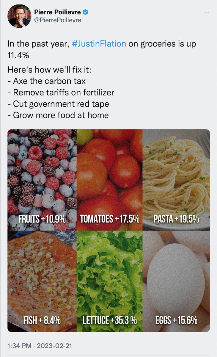 For the record:
-The carbon price’s impact on inflation is negligible
-Tariffs on fertilizer are because it’s coming from Russia
-“Red Tape” is a red herring
-Growing more food in Canada will actually make it more expensive. That’s why we import it.