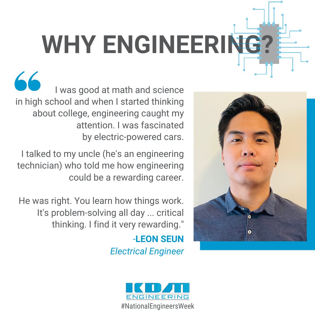 KDMEngineering's tweet photo. KDM Electrical Engineer Leon Seun was hooked by the possibilities engineering offered. “I won’t sugarcoat it – engineering in college is challenging. Ask questions and find classmates you can study with.”
#NationalEngineersWeek #EWeek #ElectricalEngineering #KDMEngineering https://t.co/m1sLUZYXVH