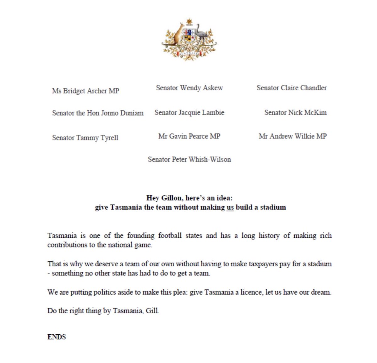 brentcostelloe's tweet photo. Ahead of Gillon McLachlan’s visit to Tasmania tomorrow, some powerful political names from opposing parties have joined forces to call for the @AFL to give the state a team without building a new stadium. https://t.co/wUZDUzCvbd