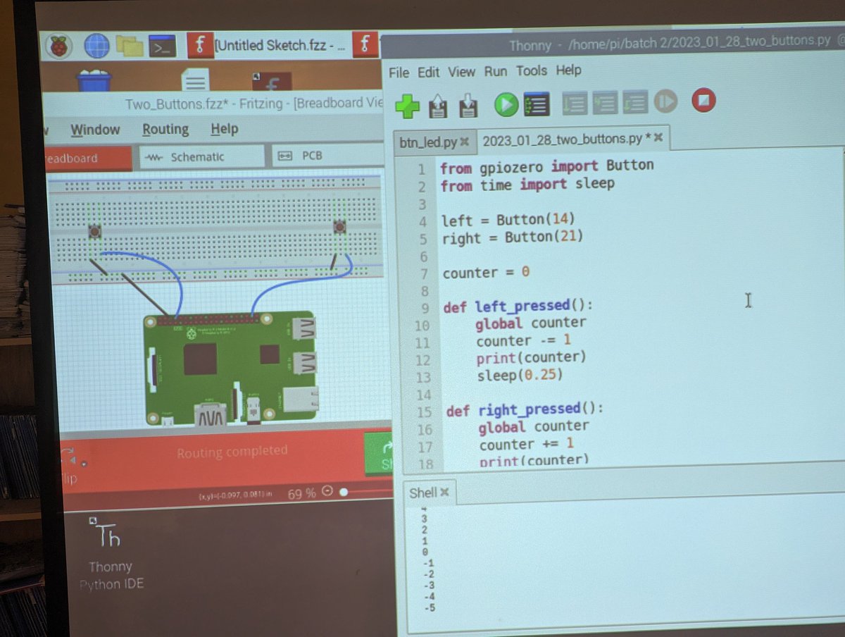 ComputingShed's tweet image. We learnt how to implement a two-way counter using buttons with a @Raspberry_Pi unit. gpiozero made it simple and fun.