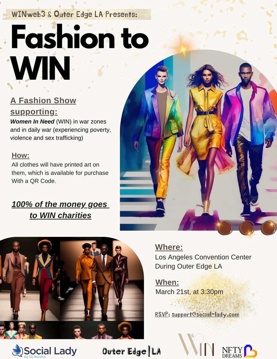 My nonprofit WIN, that supports girls and Women In Need, together with @NftyDreams and @NFTLAlive , is going to have a Fashion Show with wardrobe that will be for sale after and all the profits will go to 100% to charities 💗
<a href="/techbubble/">Nik Kalyani (🎨🔴💜)</a> 
And we are recruiting for that show! (👇🏻)