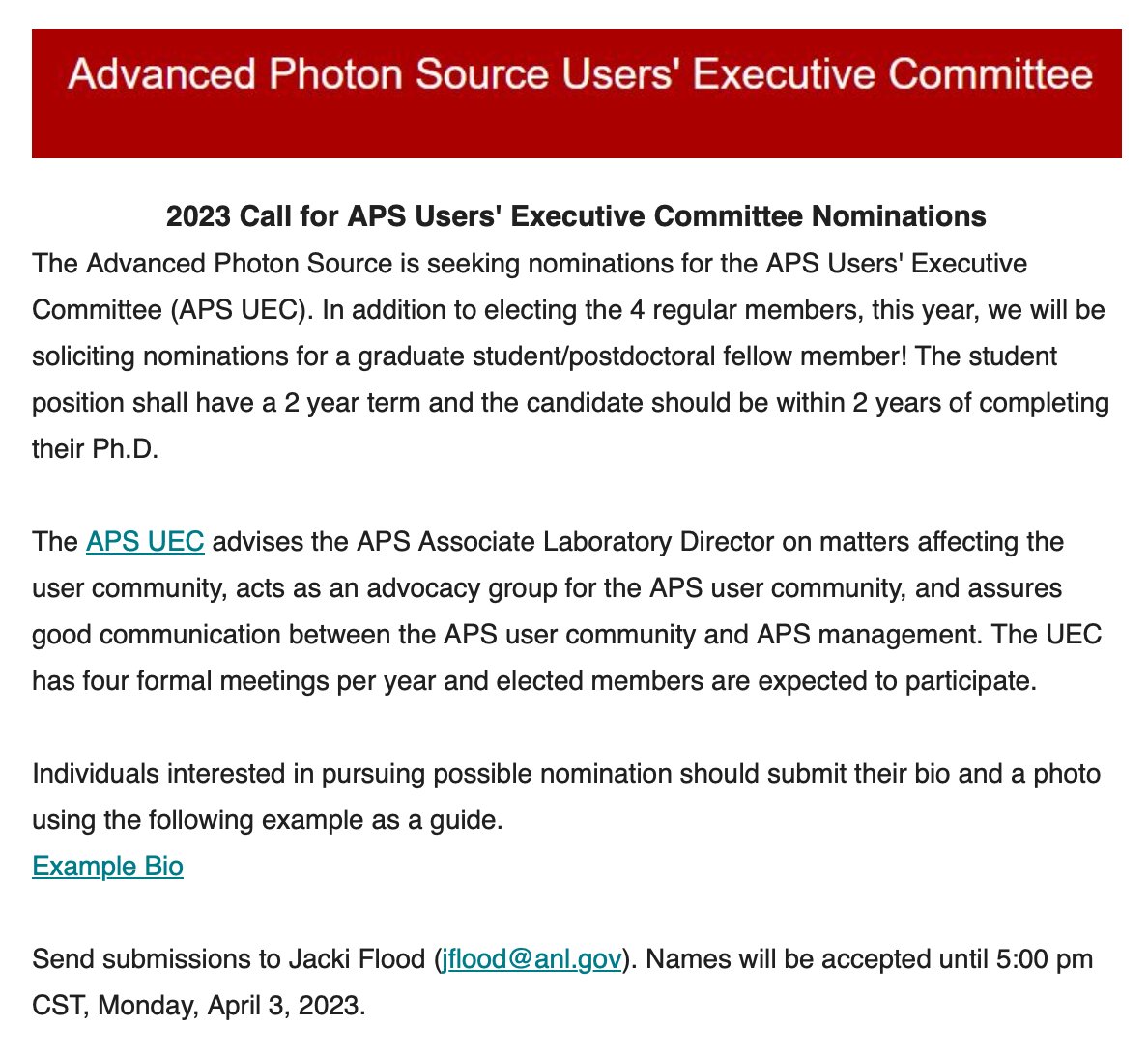 Yan Kung (@kunglab) on Twitter photo Are you an <a href="/advancedphoton/">Advanced Photon Source</a> user? Interested in meeting others and advocating on behalf of the APS user community? Consider joining me on the APS Users' Executive Committee!
E-mail Jacki by Apr 3 to put your name forward! apsuo.org for more info. 👇👇👇 Are you an <a href="/advancedphoton/">Advanced Photon Source</a> user? Interested in meeting others and advocating on behalf of the APS user community? Consider joining me on the APS Users' Executive Committee!
E-mail Jacki by Apr 3 to put your name forward! apsuo.org for more info. 👇👇👇