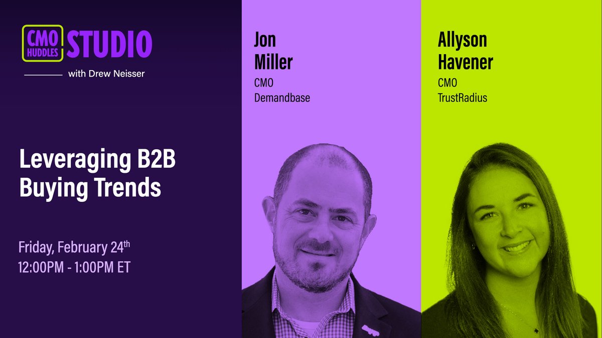 Your #B2Bmarketers have the tough job 🏋️ of keeping up with the latest trends.

📆 Friday, Feb. 24th, from 12-1pm ET, discover top #marketingtrends with Jon Miller of @Demandbase, and Allyson Havener of @TrustRadius in this episode from CMO Huddles Studio: bit.ly/3xGj4tB