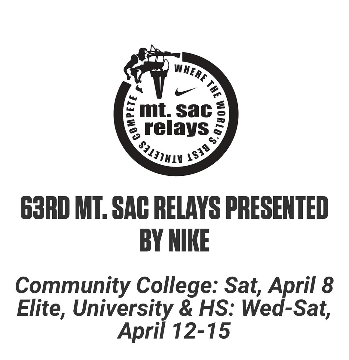 runmtsac's tweet photo. 😎Save the Dates! The 63rd Mt. SAC Relays April 8 (Comm. College) April 12-15 (Elite, College &amp; H.S.) H.S. Registration now open. 🥳 https://t.co/FR5OOb097x
