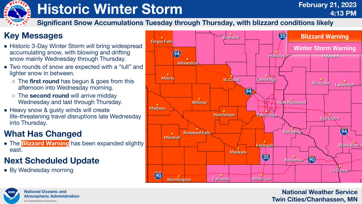 A historic winter storm remains on track to impact the area this evening through Thursday. 

More detailed information on this storm can be found on our website here: weather.gov/media/mpx/DssP…

An hourly forecast for your location can be found here: weather.gov/forecastpoints
(1/3)