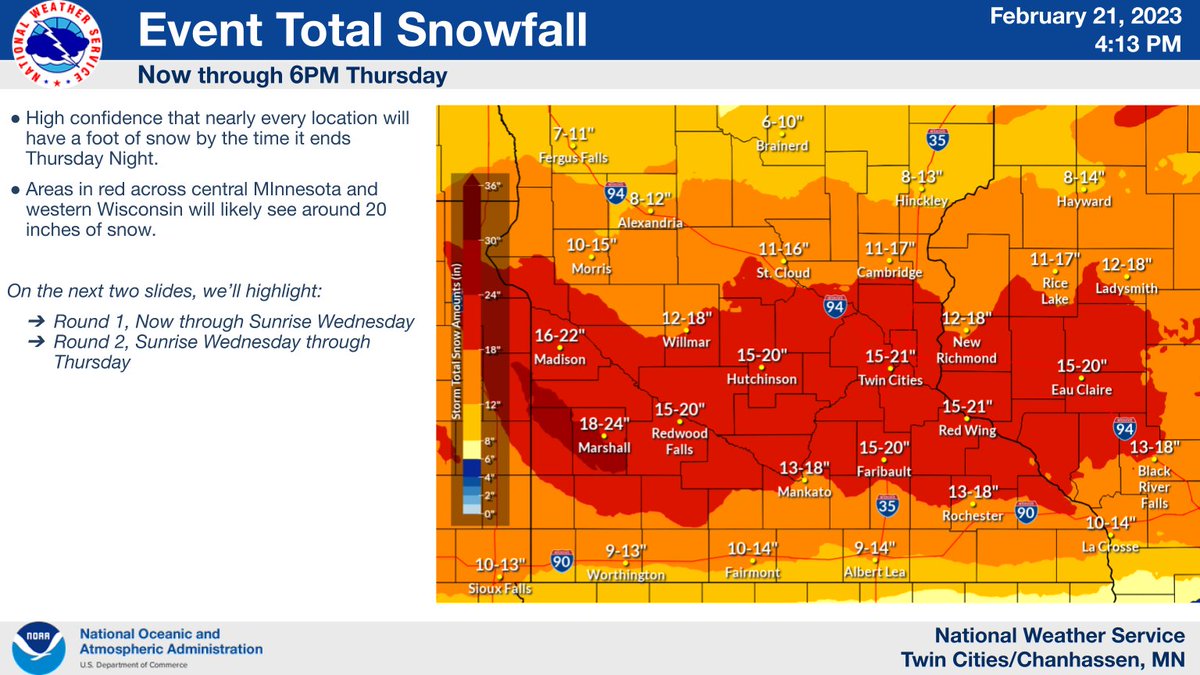 This storm will come in two phases. 4-8" of moderate snow is expected from now until Wed morning. 12-16" of additional heavy snow along with gusty winds is expected with the 2nd phase from Wed afternoon through Thu. Storm-total snowfall amounts of 16-20" are likely.
(2/3)