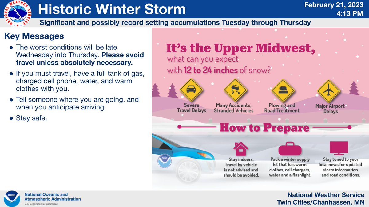 Major travel disruptions are expected with this storm, especially with the second phase Wednesday afternoon through Thursday. Smaller side streets &amp; roads/highways in open areas may not be passable until Friday. Please avoid travel unless absolutely necessary. Stay safe!
(3/3)