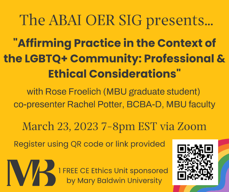 I'm so excited that one of our graduate students will be co-presenting a CEU event on March 23 via Zoom from 7-8pm Eastern Time.  BACB and IBAO continuing education credit is sponsored by MBU (1 Free Ethics CEU). Register with QR code or at forms.gle/mZZwv4FLU2UJqU…