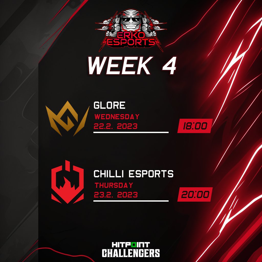 ERKOEsports's tweet photo. Fans, mark your calendars! Here's our schedule for Week 4 of the Hitpoint Challengers League:

Wednesday, 22/02 - ERKO Esports vs. Glore
Thursday, 23/02 - ERKO Esports vs. CHILLI Esports

Be sure to tune in and cheer us on! #ERKOEsports #HitpointChallengers https://t.co/zoJAy0D2V0