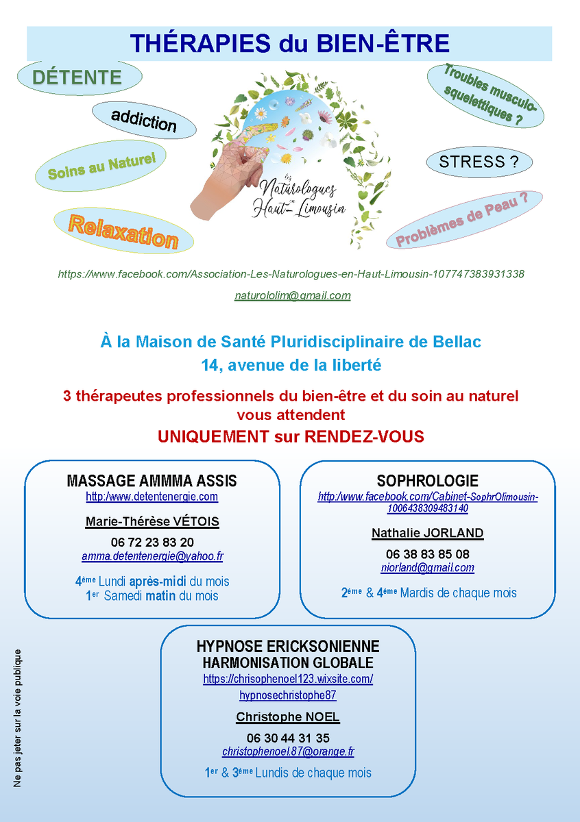 MarieCHEVALIER5's tweet photo. Les Thérapeutes du Bien-ETRE des NATUROLOGUES en HAUT-LIMOUSIN continuent d'exercer au sein de la MSP de BELLAC...
#ammaassis
#HYPNOSE & #harmonisationglobale
#sophrologie https://t.co/7qc3642qMt