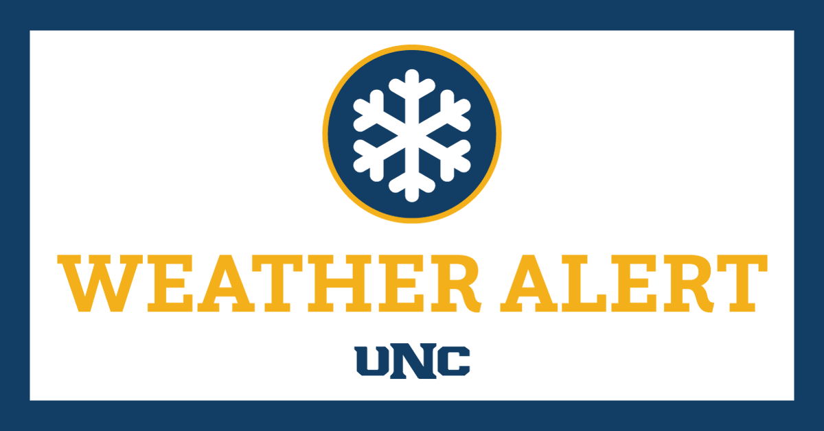 UNC_Colorado's tweet image. ⚠️Due to forecasted inclement weather conditions, UNC is closing Wednesday, Feb. 22. All in-person and online synchronous classes are canceled. Administrative operations are also closed. See more details at emergency.unco.edu.