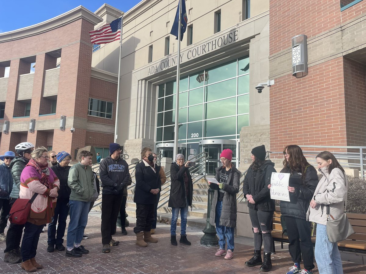 Mickaelatv's tweet photo. HAPPENING NOW: People are gathering outside the Ada County Courthouse in support of the Meridian Library District amid the petition to get it dissolved. https://t.co/OBlBv1spr0
