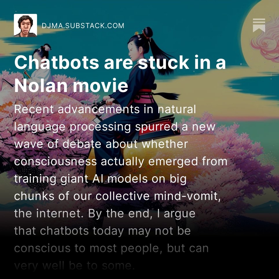 davidma's tweet photo. AI can't produce art because it does not experience the world.

At the same time, a super-intelligent chatbot doesn't need memory to take over the world.

More of my text completion here https://t.co/gEWr4X9rcm https://t.co/gKAXw36F8g