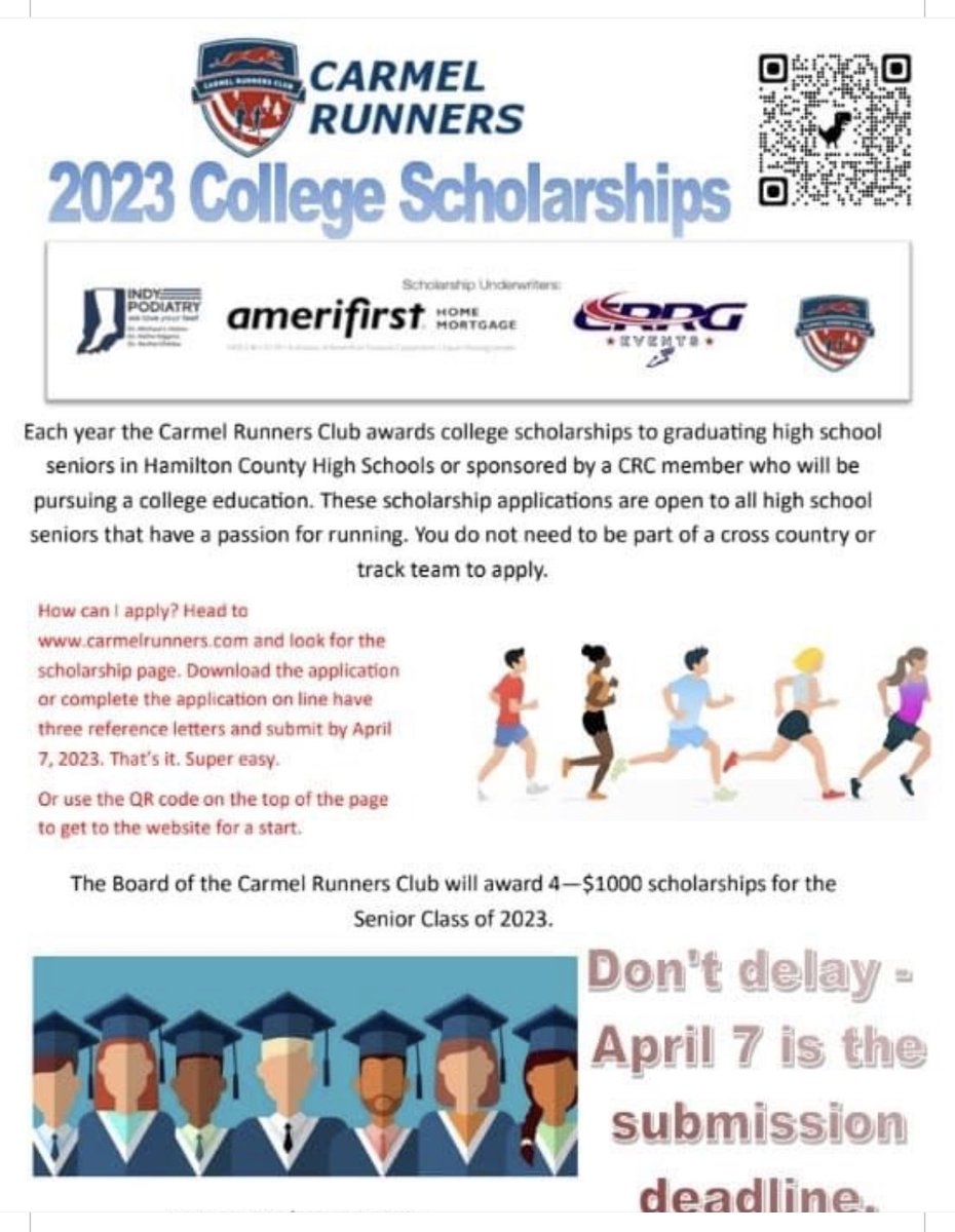 CarmelRunners's tweet photo. Our local tunning club opened scholarship applications. You do not need to be oart of a high school team just share a passion for running. Pass it along. https://t.co/SWPQ1mGJ0Y