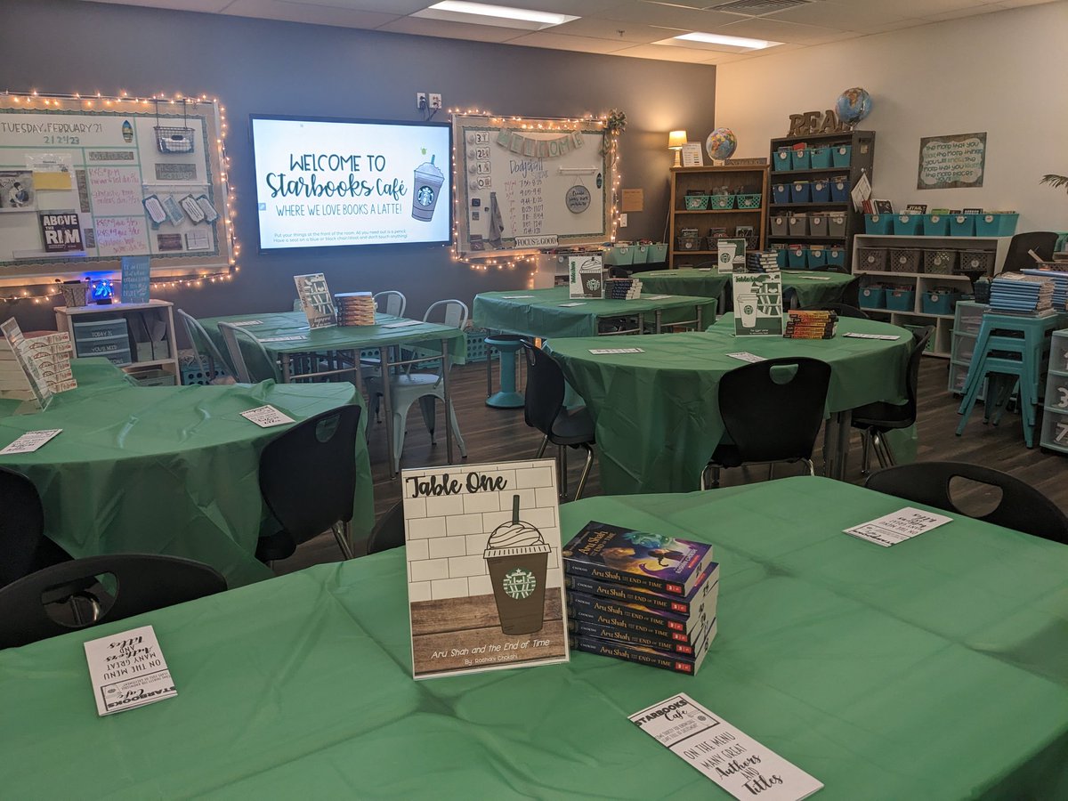 WarriorPrater's tweet photo. Operation "Make the kids think they're excited about book circles through Starbooks" was a success! We had fun previewing our books that will tie in with our ancient civilization research and we learned a latte! ☕ #makelearningfun https://t.co/fr6nM4nk79