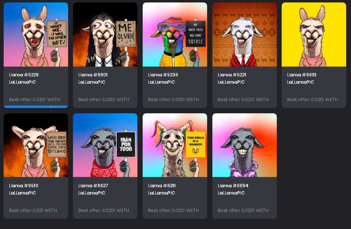 BombNFTs's tweet photo. Just aped into @lallamapic! Love supporting dedicated founders and smaller active Communities. Can't wait to see this project grow. 🦙 

I'll be GIVING AWAY a Llama to a lucky person who interacts with this. 🍀

✅♥️♻️Each Engagement = 1 Entry! GL, fam!🚀 https://t.co/4Qu4Uf4rKI