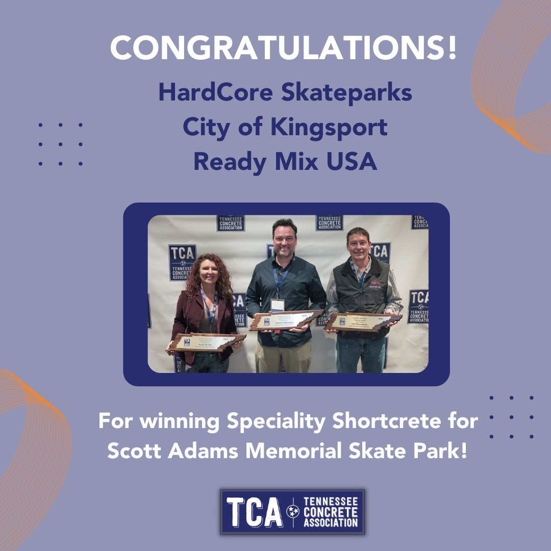 tnconcrete's tweet photo. A big congrats to HardCore Skateparks, City of Kingsport, and Ready Mix USA for winning the Speciality Shotcrete #Award at TCA Convention 2023! Your incredible work on the Scott Adams Memorial Skate Park goes to show how hardworking and innovative you all are! https://t.co/jwgrC16N75