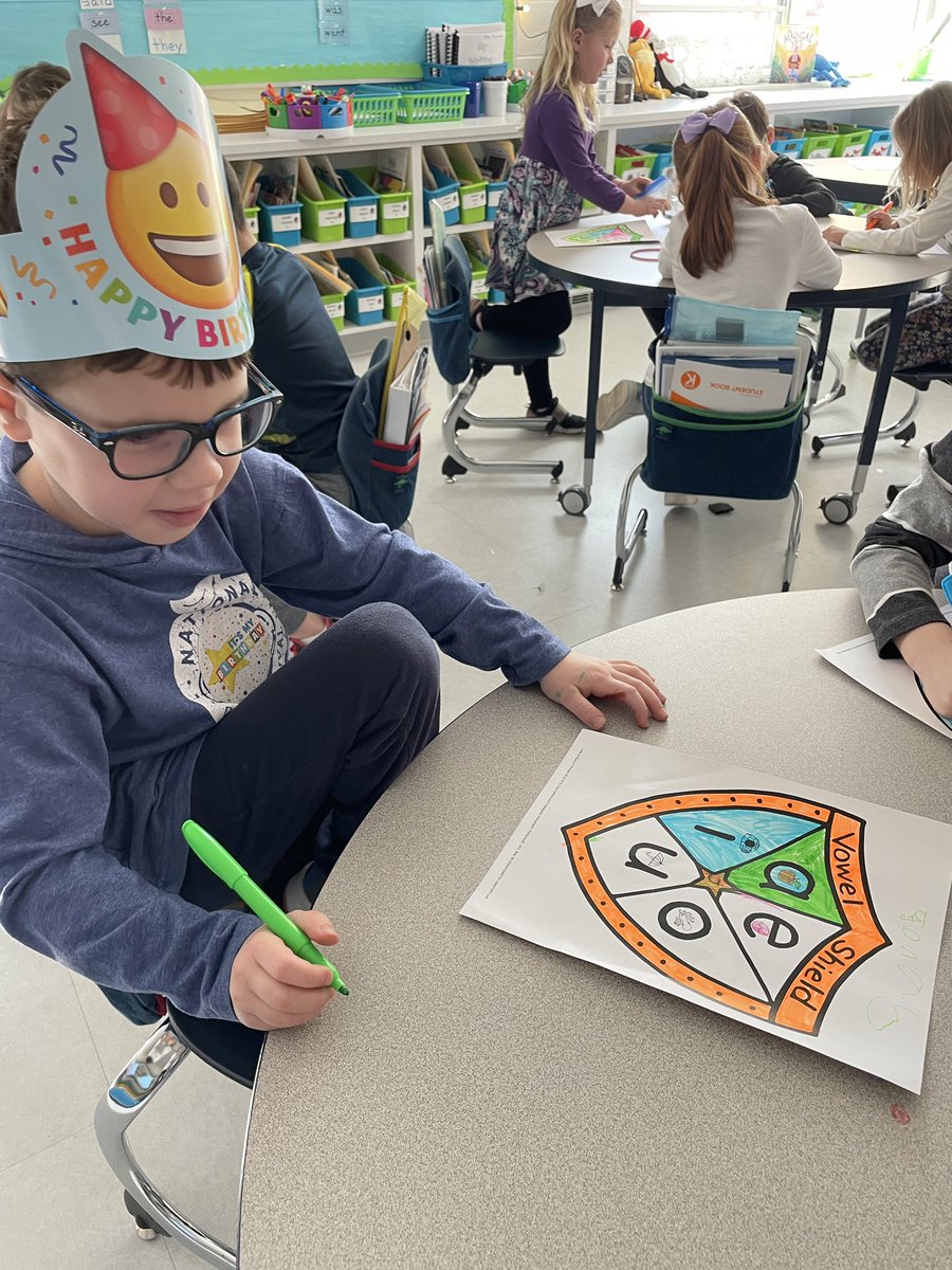 ReneeVarnum's tweet photo. We have been studying vowels during Phonics. Today the students got to “light up” the rest of their Vowel Shields. They are vowel experts! #tcphonics https://t.co/hWIwdvnm5Y