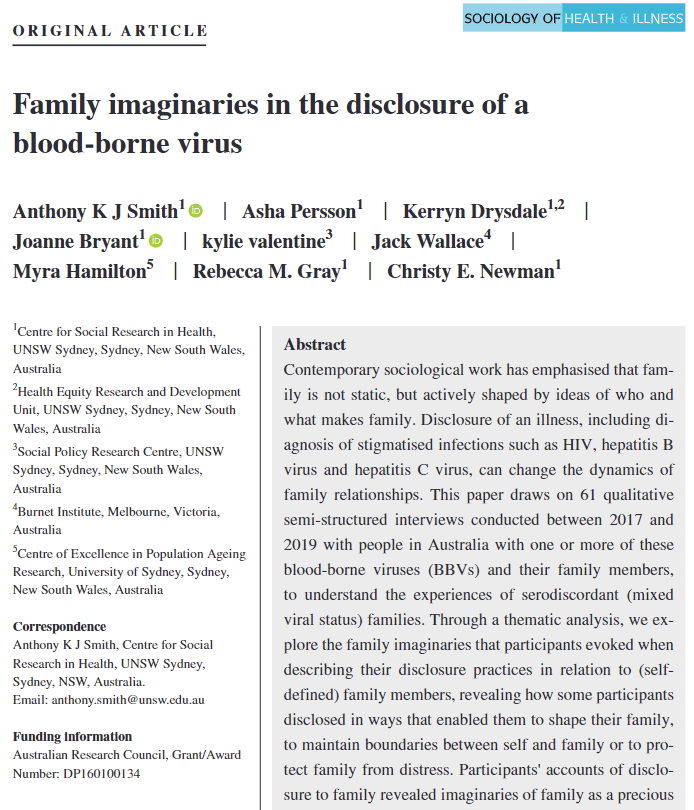 Check out our top cited paper (2021-2022) in @SHIjournal which examines how family imaginaries (as supportive, hostile, ambivalent) shaped disclosure practices of HIV, hepatitis B, and hepatitis C. Read here, or get in touch for a copy: onlinelibrary.wiley.com/share/author/V…