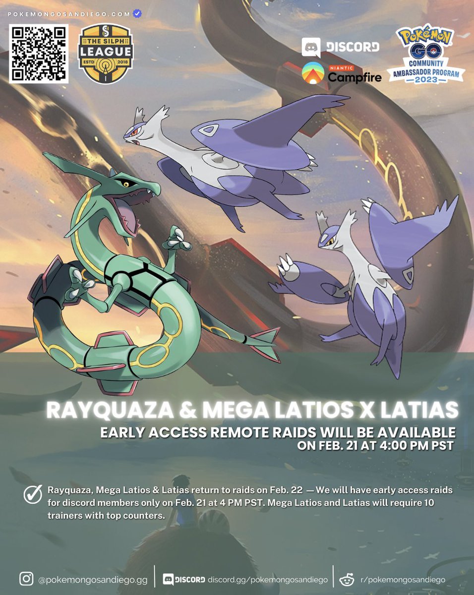 pkmongosandiego's tweet image. Rayquaza, Mega Latios &amp;amp; Latias return to raids on Feb. 22 —We will have early access raids for discord members only on Feb. 21 at 4 PM PST. Mega Latios and Latias will require 10 trainers with top counters.

 #pokemongo #remoteraids #raid #rayquaza #pogo #sandiego