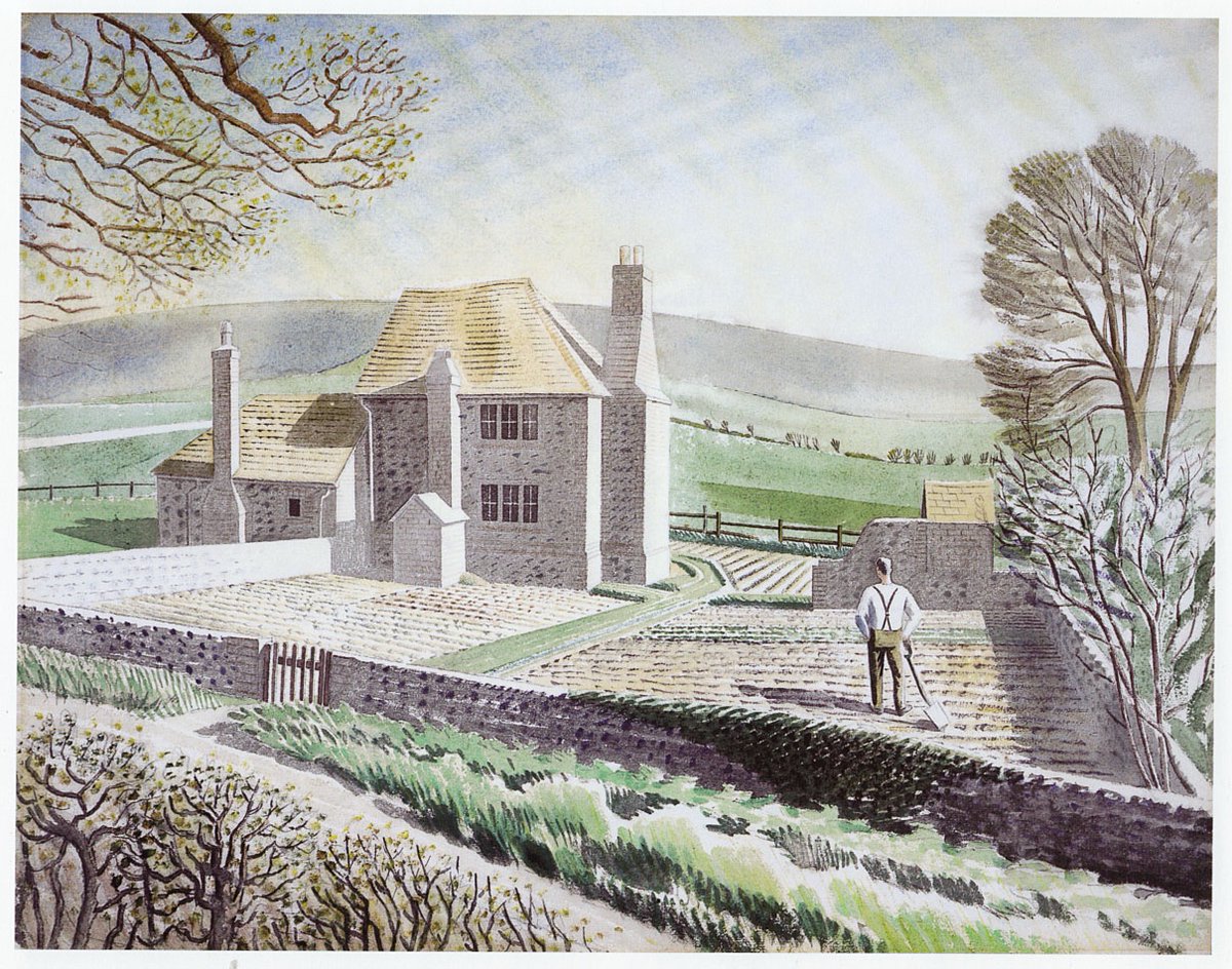 Ravilious1942's tweet image. Shepherd’s Cottage, Eric Ravilious, 1934. It depicts a cottage near Furlongs at Firle, East #Sussex. The original artwork, once thought lost, now appears to be in a private collection but is on display at @TownerGallery.