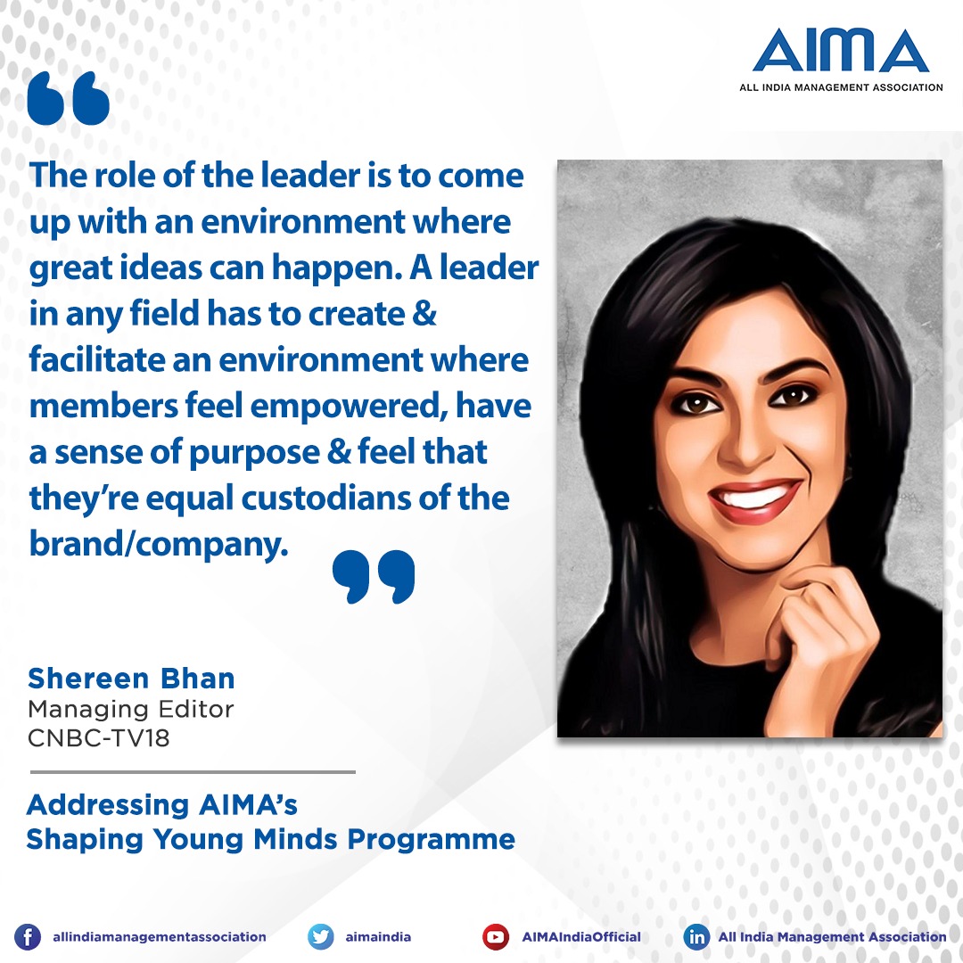aimaindia's tweet photo. To build successful teams, a leader also has to converge their passion with purpose, added @ShereenBhan, Managing Editor, @CNBCTV18Live at AIMA’s ‘Shaping Young Minds Programme’. 

#WednesdayWisdom #ShereenBhan #Leadership #BusinessIdeas #Teamwork #Empowerment #Passion #Purpose https://t.co/5r8Txde6iI