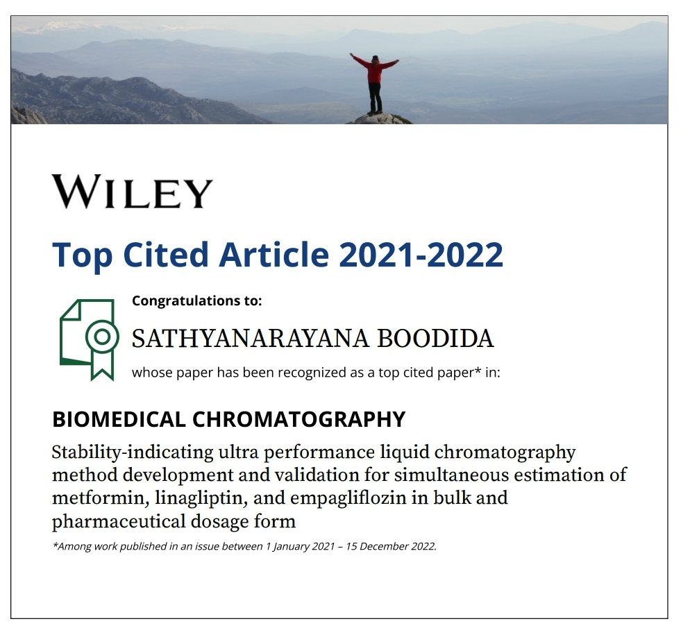 Happy to share you that our research paper rated as Top Cited Article in the Biomedical Chromatography journal(Wiley) for the year2021-2022