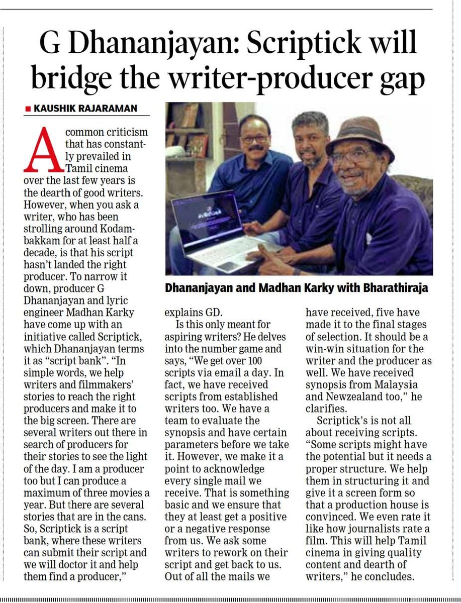 scriptickindia's tweet photo. Thank you #DTNext @iamkaushikr for this wonderful write up on our new initiative 
#SCRIPTick . We will do our best 💐👍🤠

@madhankarky @Dhananjayang @karundhel @onlynikil https://t.co/VhI3Y5peI5