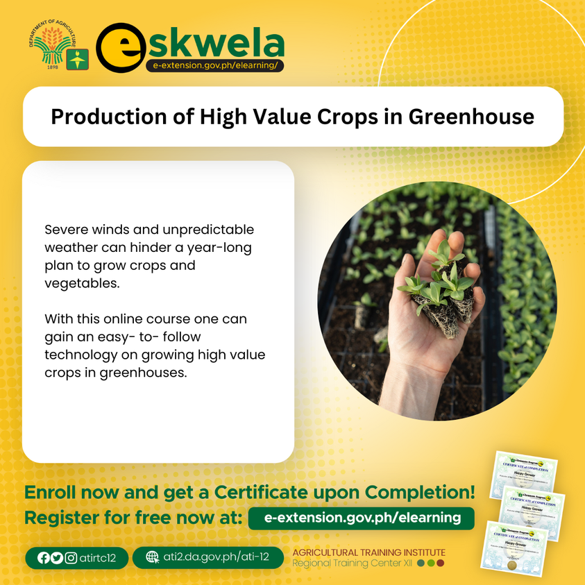 atirtc12's tweet image. Do you want to grow crops year-long and continue to gain an income?
Just visit e-extension.gov.ph/elearning to register.

#ATIeSkwela #ati12 #ishareknowledge #ATISox #elearning #learnonline