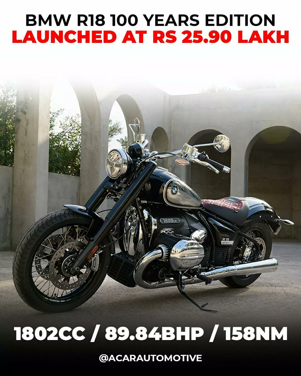 AcarAutomotive's tweet photo. #BMW Motorrad India launched the 100, year edition of #RnineT and #R18. The R 18 and nineT in India, priced at Rs 25.90 lakh and Rs 24 lakh, ex-showroom.

Things to know ⬇️

➡️ 1170cc / 107bhp / 116Nm
➡️ 1802cc / 89.84bhp / 158Nm
➡️ 1923 units each

#acarautomotive https://t.co/6gXg5UdeRG