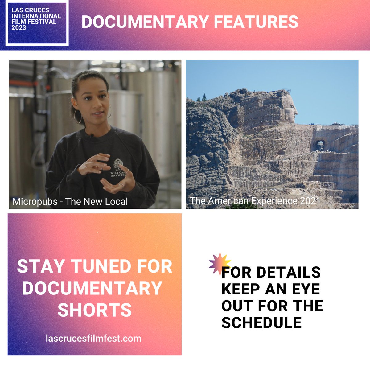 We're thrilled to announce the official Documentary Features lineup for the Las Cruces International Film Festival! 🎥🌟🎬

Get ready to be inspired, moved, and enlightened by these incredible stories from around the world. 🌎🙌

Don't miss out on this amazing experience!