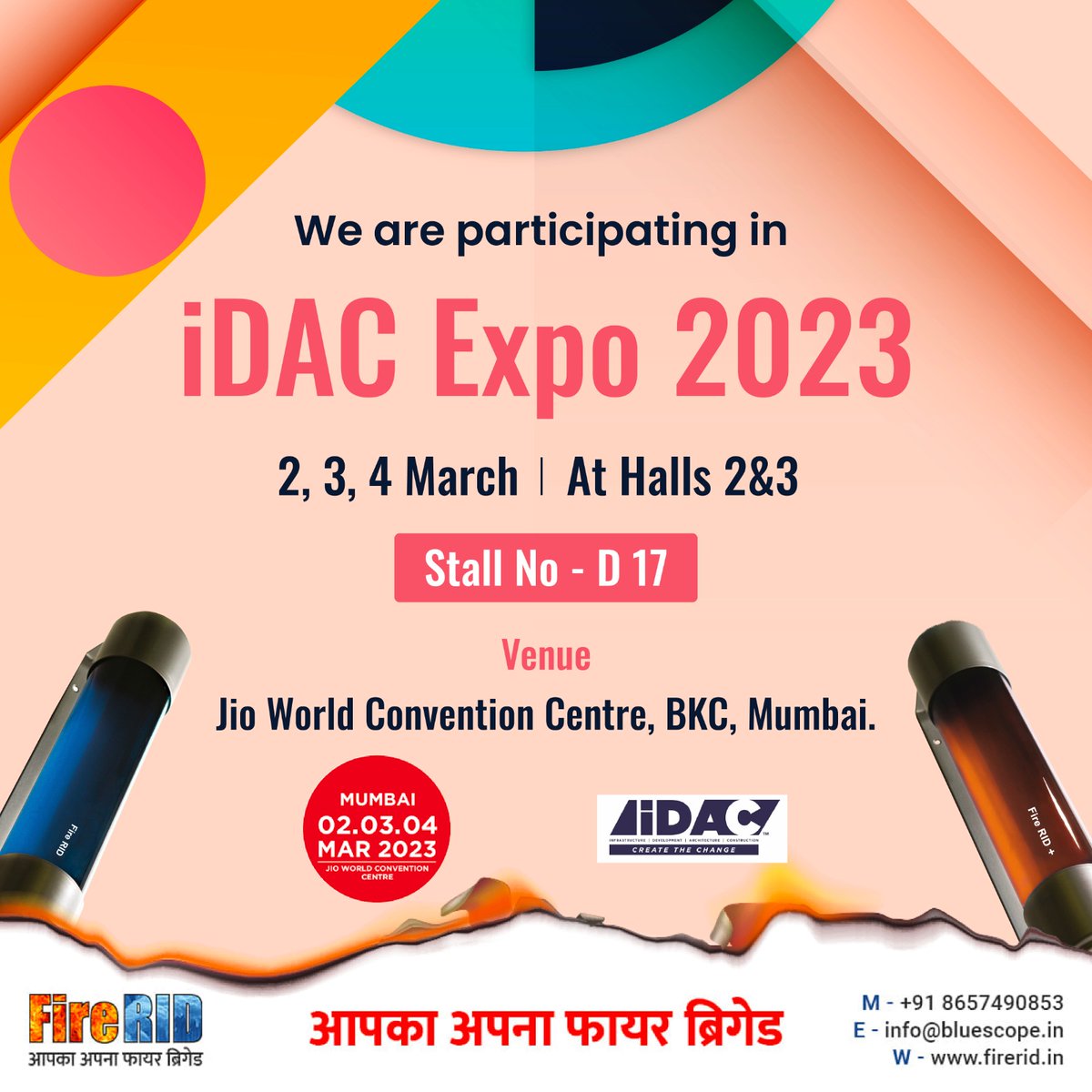 FireRID's tweet photo. We’re esteemed to be participating in iDAC Expo 2023 to raise awareness of our next-level automatic fire extinguisher. Come, visit our stall at the Jio World Convention Centre.
#idacexpo2023 #marchevent #mumbai2023 #jioworldcentre #bkc #jioworldconventioncentre #firesafety https://t.co/HF9nbwjJQw