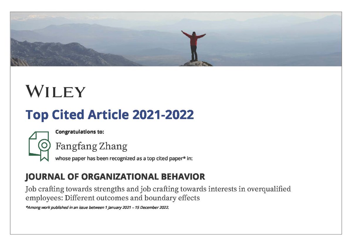 (1/4) Congratulations to our Research Fellow Dr Fangfang Zhang, whose paper on #jobcrafting has been recognised as one of the top cited papers by Wiley 🔬🎉
 
Read the full #TopCitedArticle here:
onlinelibrary.wiley.com/doi/full/10.10…