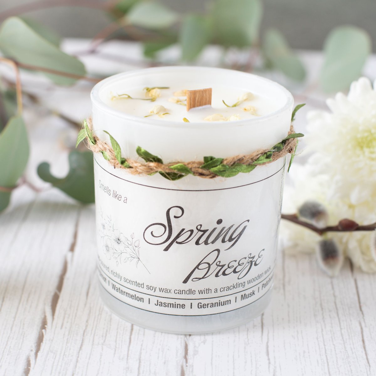 TRY ME. 20% off. SPRING BREEZE. Hand-poured soy wax candle with a crackling wooden wick. Decorated with jasmine petals. Made in Charleston SC. #soywaxcandles #soywaxcandlesandgifts #charlestondaily  #handmadecandles #springscent #candleshop #candlelover #woodenwickcandles