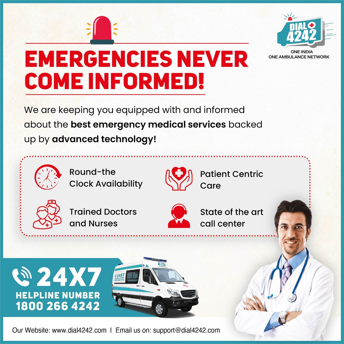 When every second counts, trust our #ambulanceservices to be there for you! Wondering why you should reach out to us during your #emergency? Here are the key factors why our ambulance services are the best. Don't wait until its too late, call our 24/7 Helpline No. 1800-266-4242!