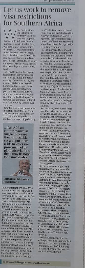 Don't miss the <a href="/DailyMonitor/">Daily Monitor</a>, Remove Visa Restrictions for SA <a href="/martinssempa/">Martin Ssempa</a> <a href="/Julius_S_Malema/">Julius Sello Malema</a>  <a href="/rggoobi/">Ramathan Ggoobi</a> <a href="/GabrielBuule/">Gabriel Buule</a>  <a href="/PresidencyZA/">The Presidency 🇿🇦</a> <a href="/AnitahAmong/">Anita Annet Among</a> <a href="/KagoroFriday/">Kagoro Friday Roberts</a> <a href="/KagutaMuseveni/">Yoweri K Museveni</a> <a href="/DRehemah/">Rhemah Daniels Ntale #Sportygal ⚽️🏈🎾🥊</a> i expert <a href="/Parliament_Ug/">Parliament of Uganda</a>  <a href="/_AfricanUnion/">African Union</a> to be discussing such not politics 24/7 <a href="/AnitahAmong/">Anita Annet Among</a>