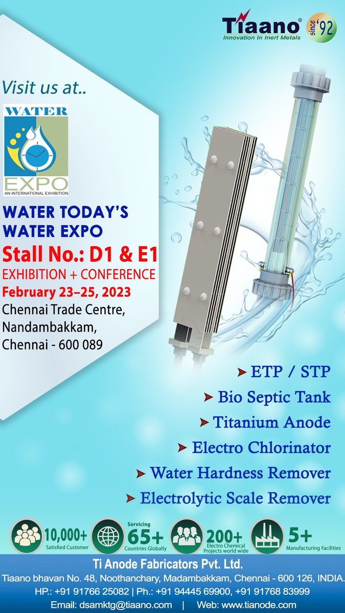 TiAnodeFab's tweet image. Join with us in WATER TODAY&apos;S WATER EXPO at chennai trade centre on february 23rd - 25th, 2023. 
#expo #renewables #chennaitradecenter #tianode  #indiaexpocentre #exhibition #watertreatment