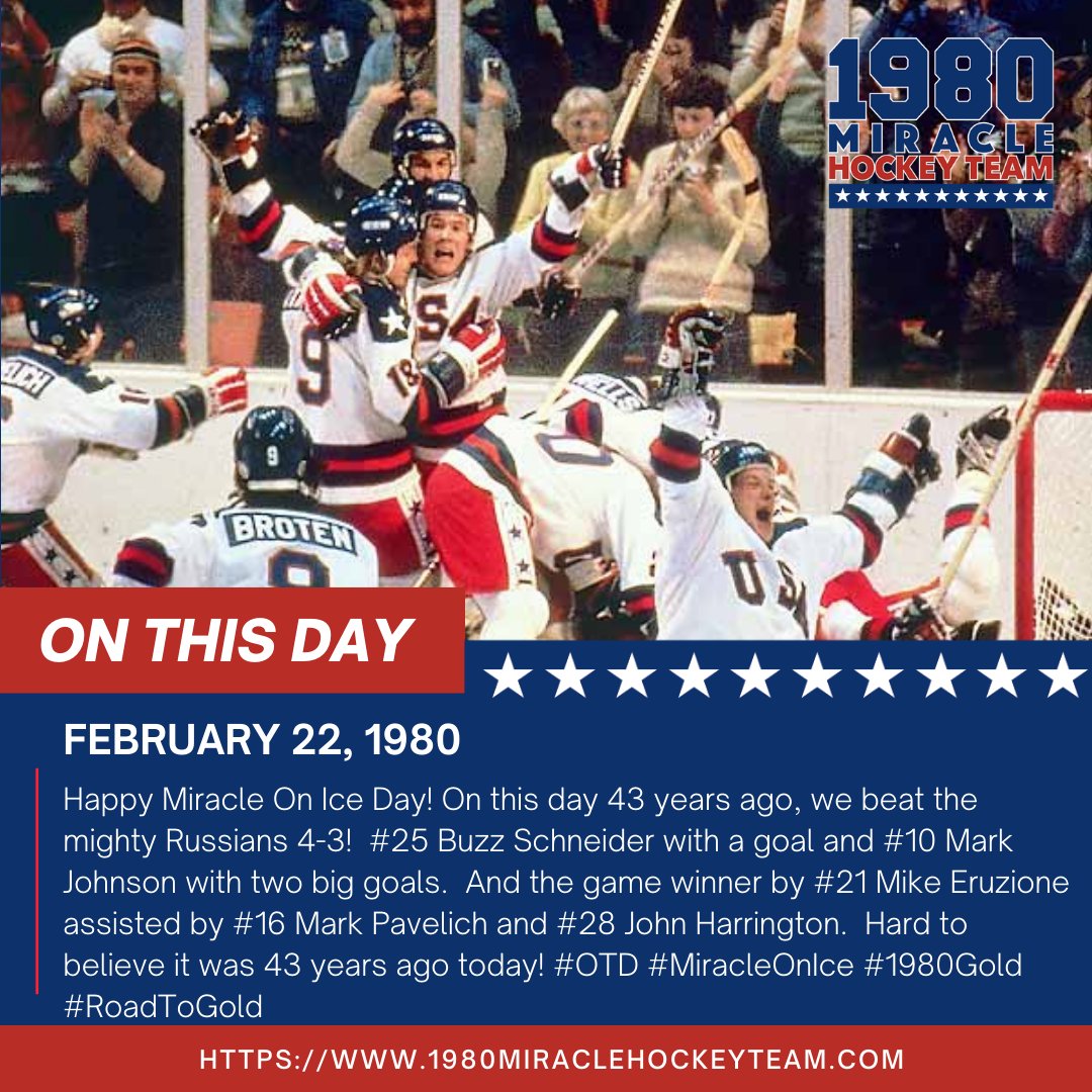 Do you Believe in Miracles?!  YES!  

OTD in 1980 -🇺🇸 vs 🇷🇺 - We played the heavily favored Soviet team and won 4-3!  Hard to believe it was 43 years ago!  🏒🏅🇺🇸 #OTD #MiracleOnIce #1980Gold #RoadToGold