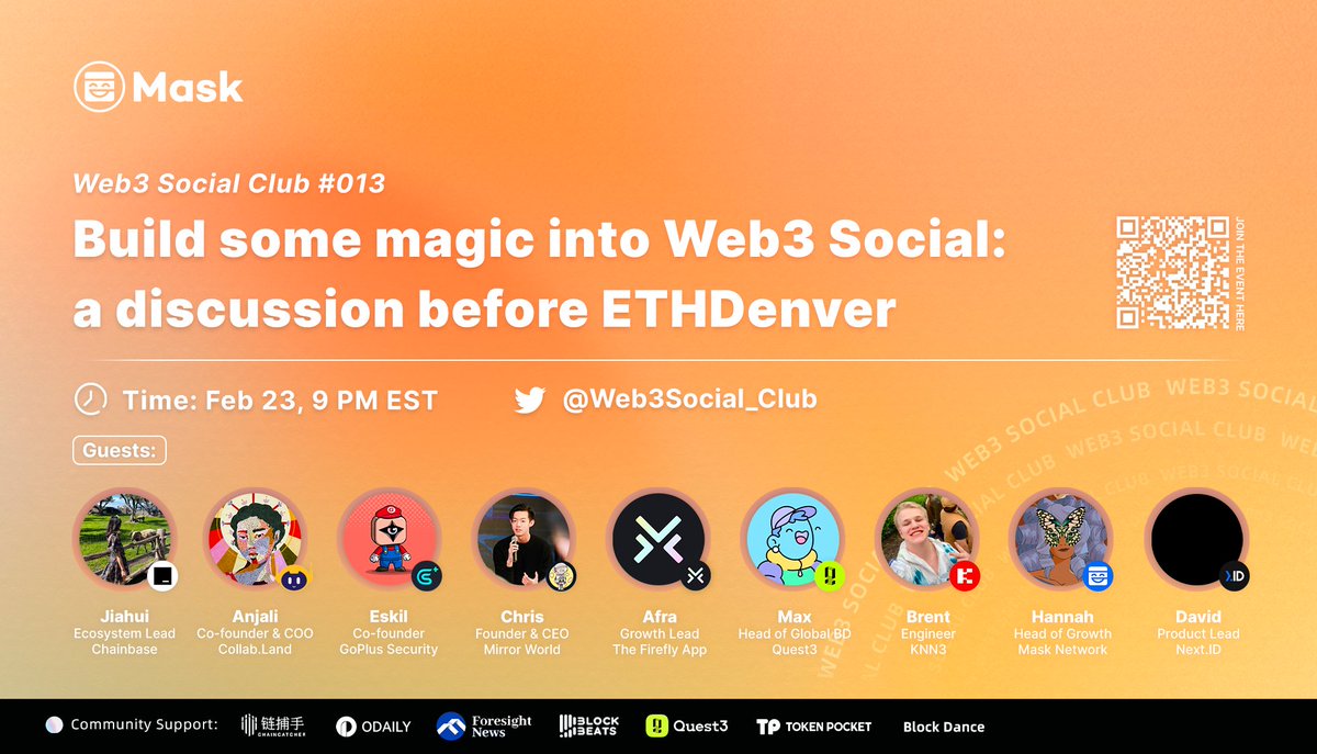 Mask Network (mask.io) (@realmasknetwork) on Twitter photo 🪄Let's build some magic into Web3 social!
🎙️ Join us for a <a href="/Web3Social_Club/">Web3 Social Club</a> space before you depart for #ETHDenver!
📅 Feb 23rd, 21:00 EST
🔗 x.com/i/spaces/1YqJD… 🪄Let's build some magic into Web3 social!
🎙️ Join us for a <a href="/Web3Social_Club/">Web3 Social Club</a> space before you depart for #ETHDenver!
📅 Feb 23rd, 21:00 EST
🔗 x.com/i/spaces/1YqJD…