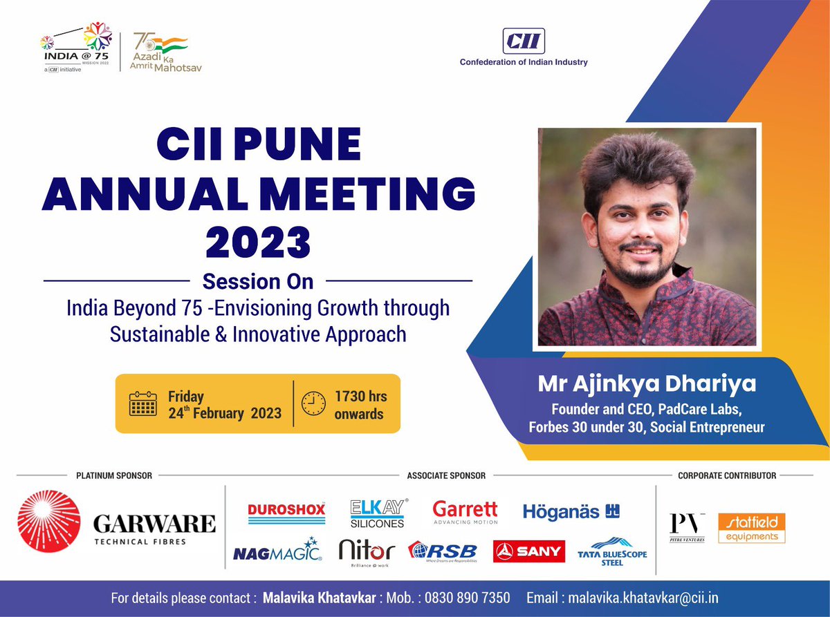 CII4WR's tweet photo. The #CIIPune Annual Meeting will be held on Friday, 24th February 2023 at 1730 hrs.

Special address of the Public Session will be delivered by Mr Ajinkya Dhariya, Founder and CEO, PadCare Labs. 

We look forward to seeing you there! 

#CIIPune #PadCareLabs https://t.co/wLYXc9qejQ