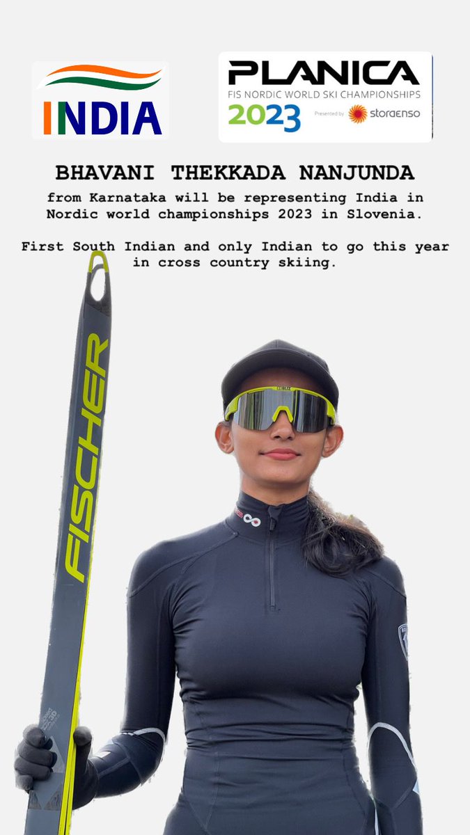 IndiainSlovenia's tweet image. Proud to introduce Bhavani T. Nanjunda frm India, bearing 🇮🇳&apos;s flag high at the opening of @PlanicaNordic world #ski championship in #Slovenia - 21 Feb to 01 March. #NewIndia&apos;s woman power well represented in d field of sports by our bright sports women. 
All the best Bhavani 🙌