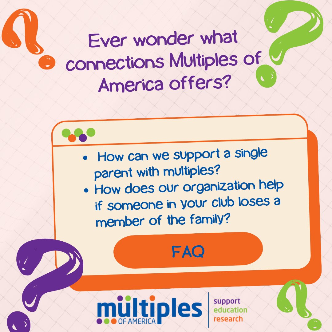 MultiplesUSA's tweet photo. Ever wonder what connections Multiples of America offers if you need some added support as a single parent with multiples? Or how our national organization helps if someone in your club loses a family member? Check out the “FAQ” page on the website: https://t.co/6dafxpd48P https://t.co/bzkpl7T6qa