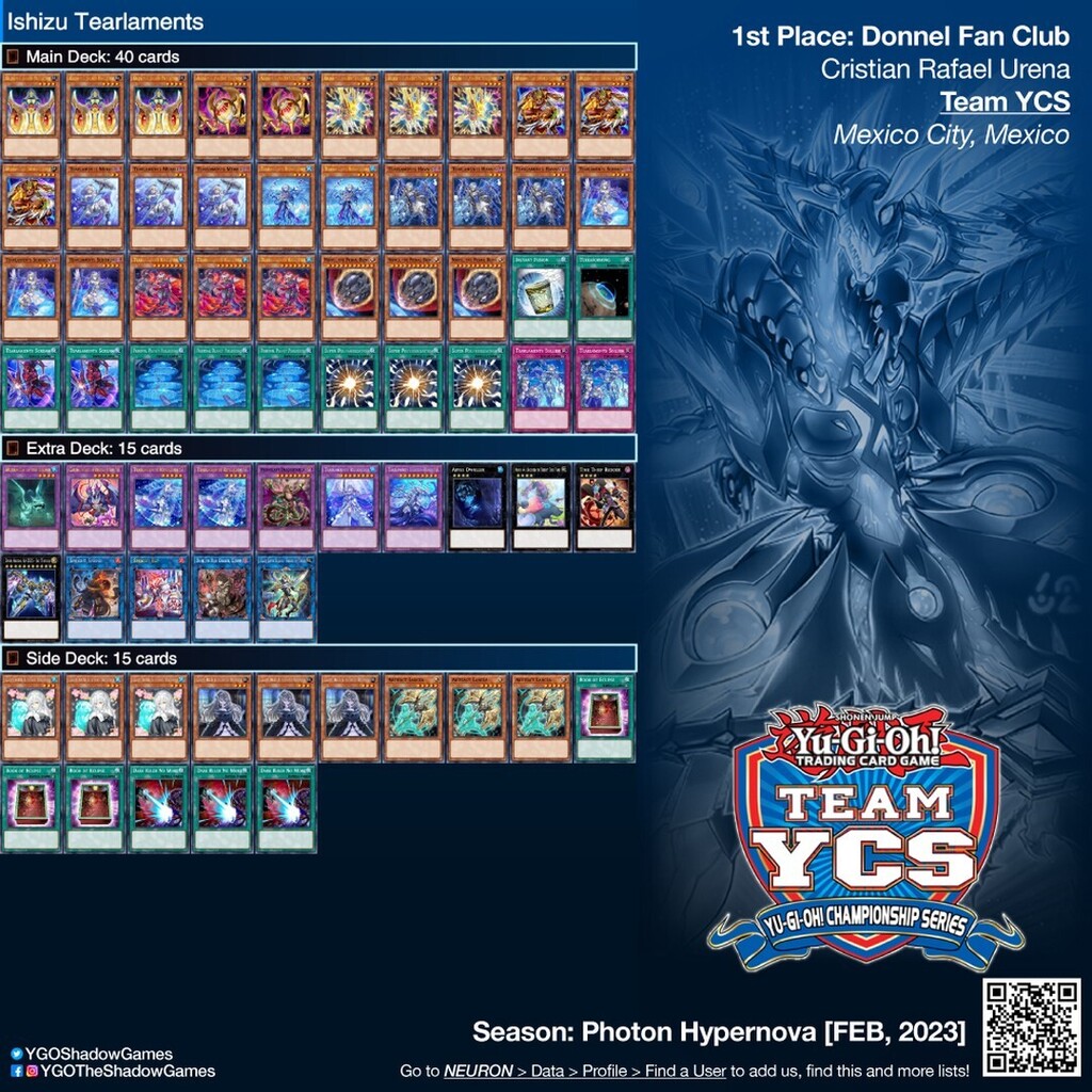 YGOShadowGames's tweet photo. ~
🗃 Deck: #Ishizu #Tearlaments
🏆 1st Place: #DonnelFansClub: Cristian Rafael Urena
🏟️ Event: #TeamYCS #Mexico 🇲🇽
🏪 Host: #Konami
🗓 Season: #PHHY [FEB, 2023]

#YGO #YuGiOh #TheShadowGames #YuGiOhCards #遊戯王 #YuGiOhTCG #DeckList https://t.co/IhDcldg9Ls https://t.co/aQRoKjGPde