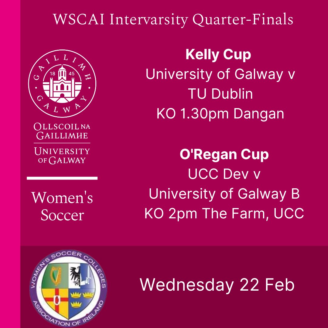 UniofGalwayWFC's tweet photo. We are home and away on Wednesday afternoon when our teams take on @TUDClubsSocs and @UCCWomensSoccer for the right to take place in the Intervarsity finals next month https://t.co/rPj8mssZe2