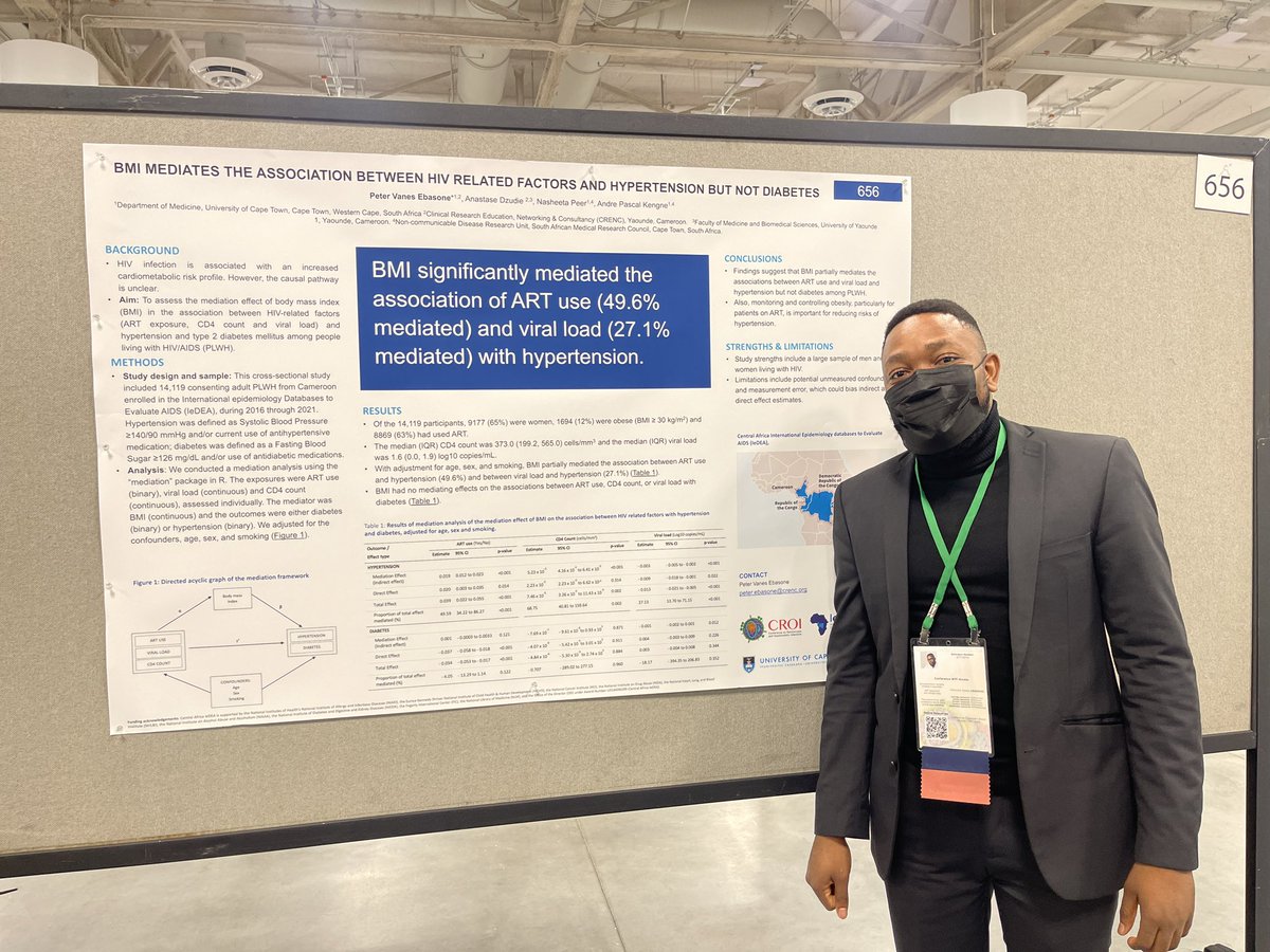 VanesPee's tweet photo. Presenting today at #CROI2023. 

Our work is entitled “BMI MEDIATES THE ASSOCIATION BETWEEN HIV RELATED FACTORS AND HYPERTENSION BUT NOT DIABETES” https://t.co/8vT2EZ7rZO