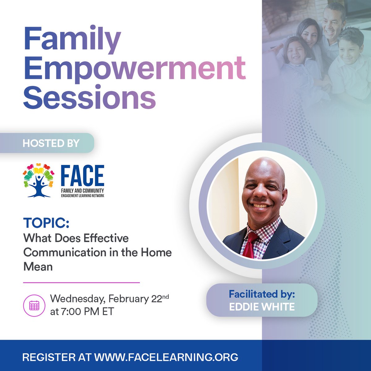 Share this powerful webinar with the families in your communities - learn strategies about - What does effective communication in the home mean. 

Register at: facelearning.org