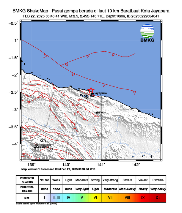 #Gempa (UPDATE) Mag:2.5, 22-Feb-23 06:46:41 WIB, Lok:2.45 LS, 140.71 BT (Pusat gempa berada di laut 10 km BaratLaut Kota Jayapura), Kedlmn:10 Km Dirasakan (MMI) II Kota Jayapura #BMKG
